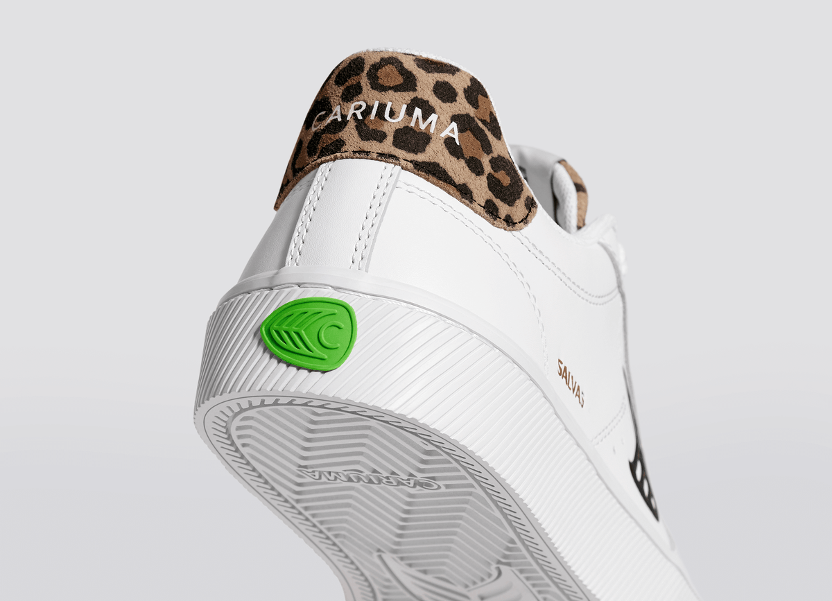 SALVAS White Leather Black Logo Leopard Print Sneaker
